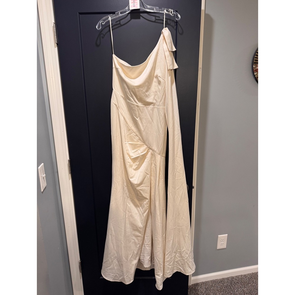 Meshki One Shoulder Satin Maxi Dress Bow Detail Formal Wedding Guest Cream Sz S - Picture 2 of 14